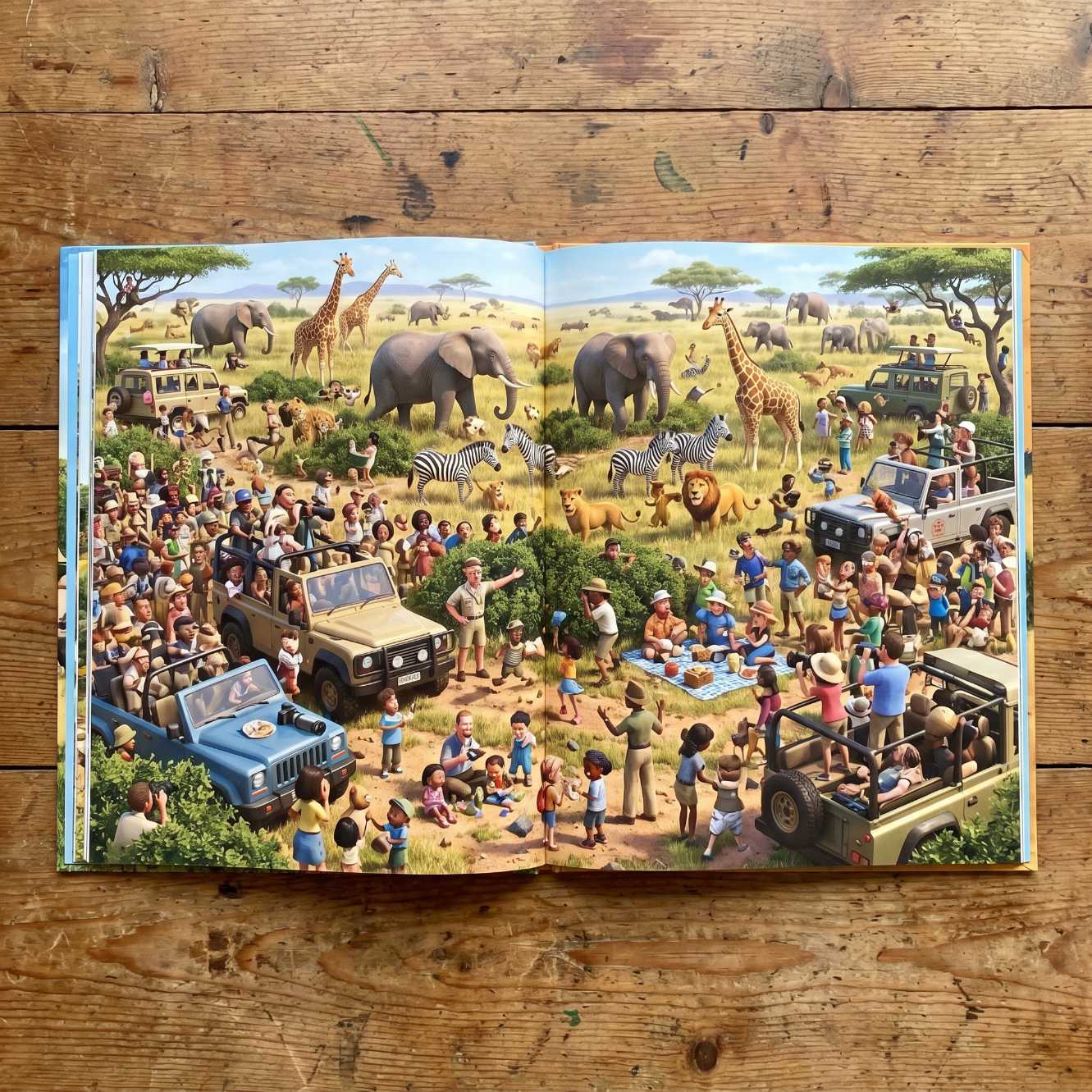 Busy hidden-picture scene with characters and a family hidden among them