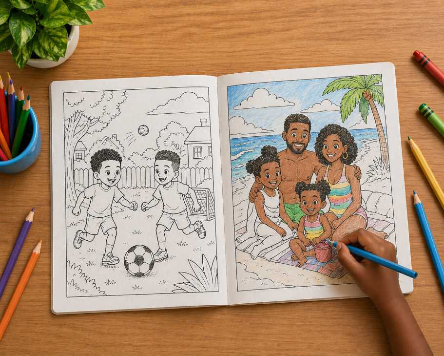Personalized coloring book with line art and colored pencils